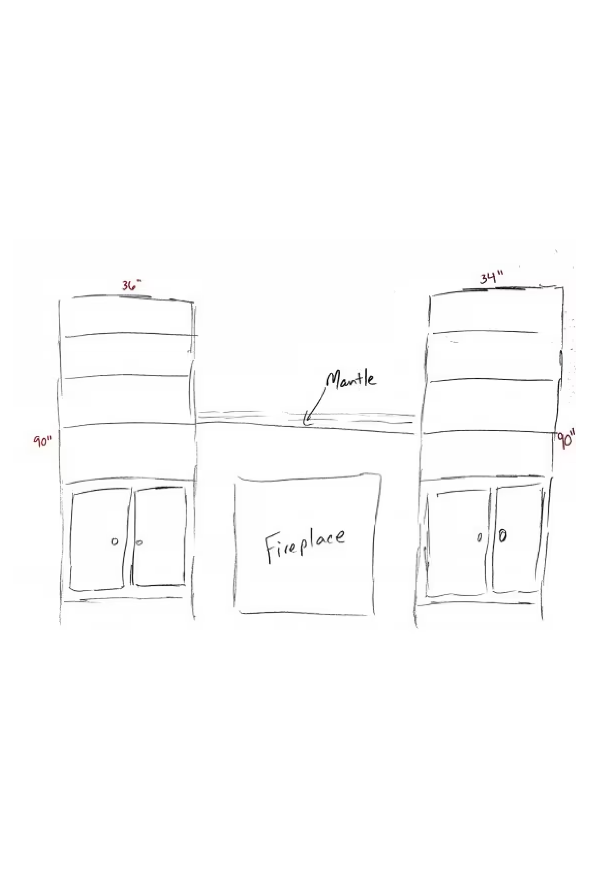 Hand drawn sketch of two bookcase hutches on either side of a fireplace.