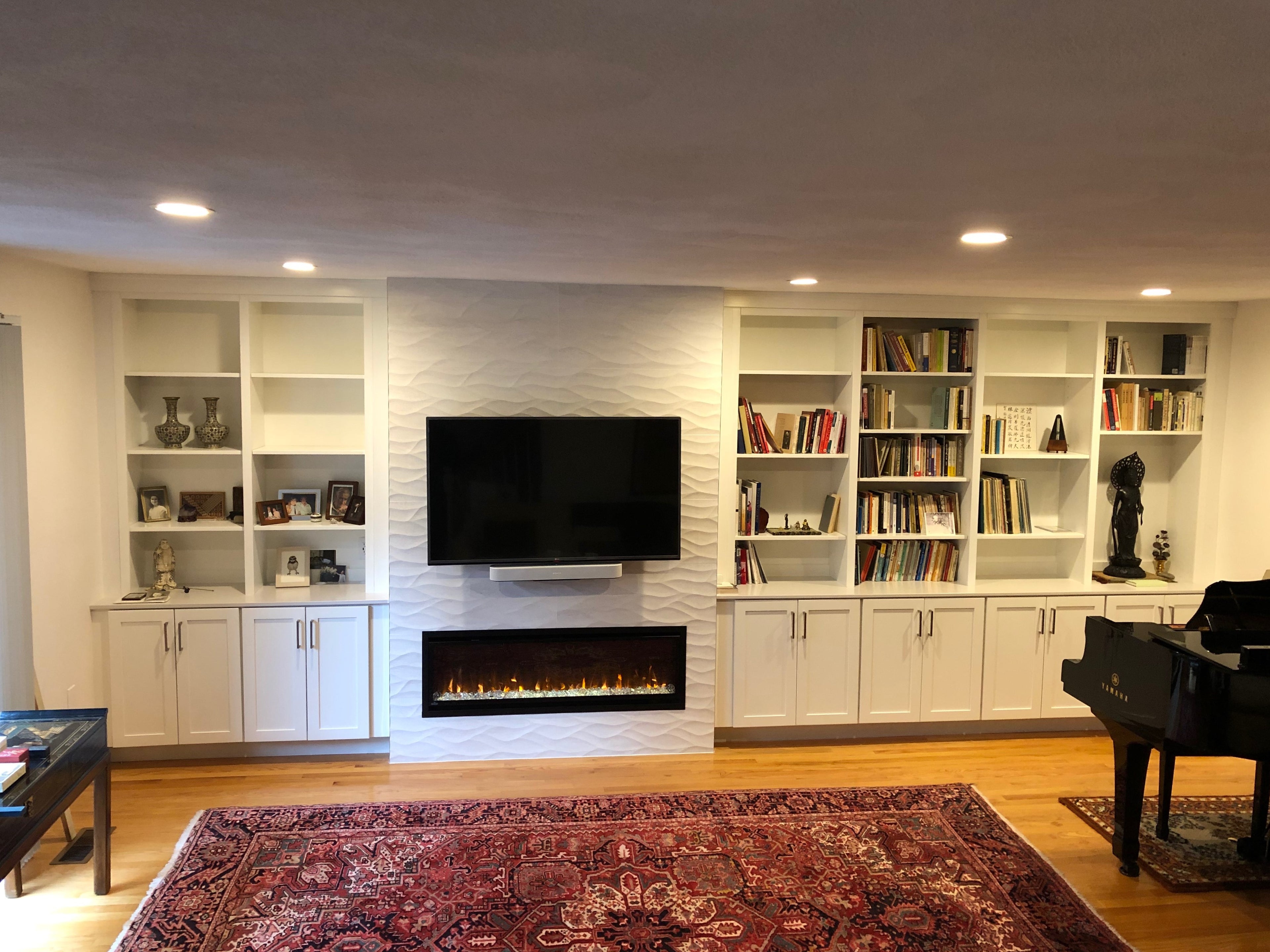 Stepback bookcase hutch wall unit with doors in base painted white built in birch.