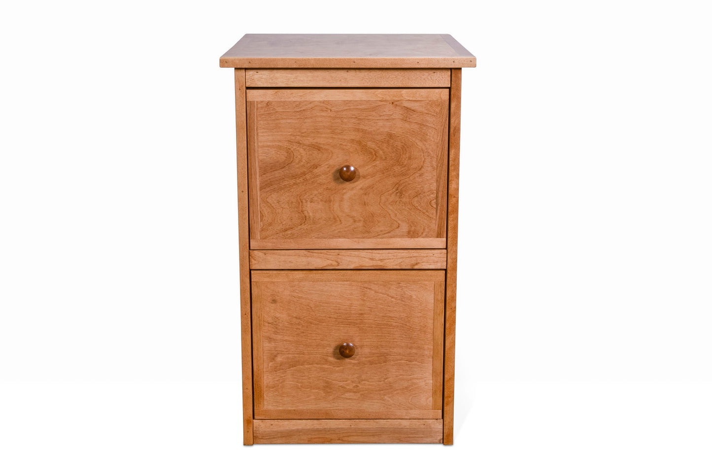 Front view of a two drawer file cabinet built in birch with wood knobs in a light brown stain finish.