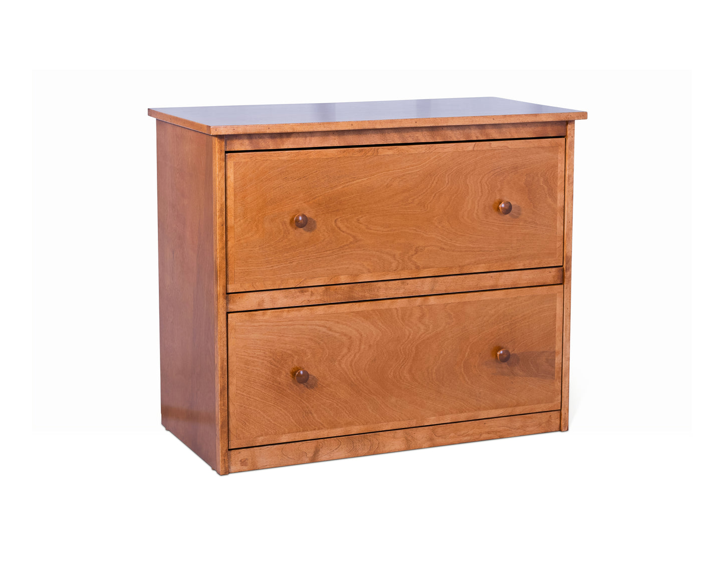 Angled view of a two drawer lateral file cabinet built in birch with wood knobs and finished in a light brown stain color.