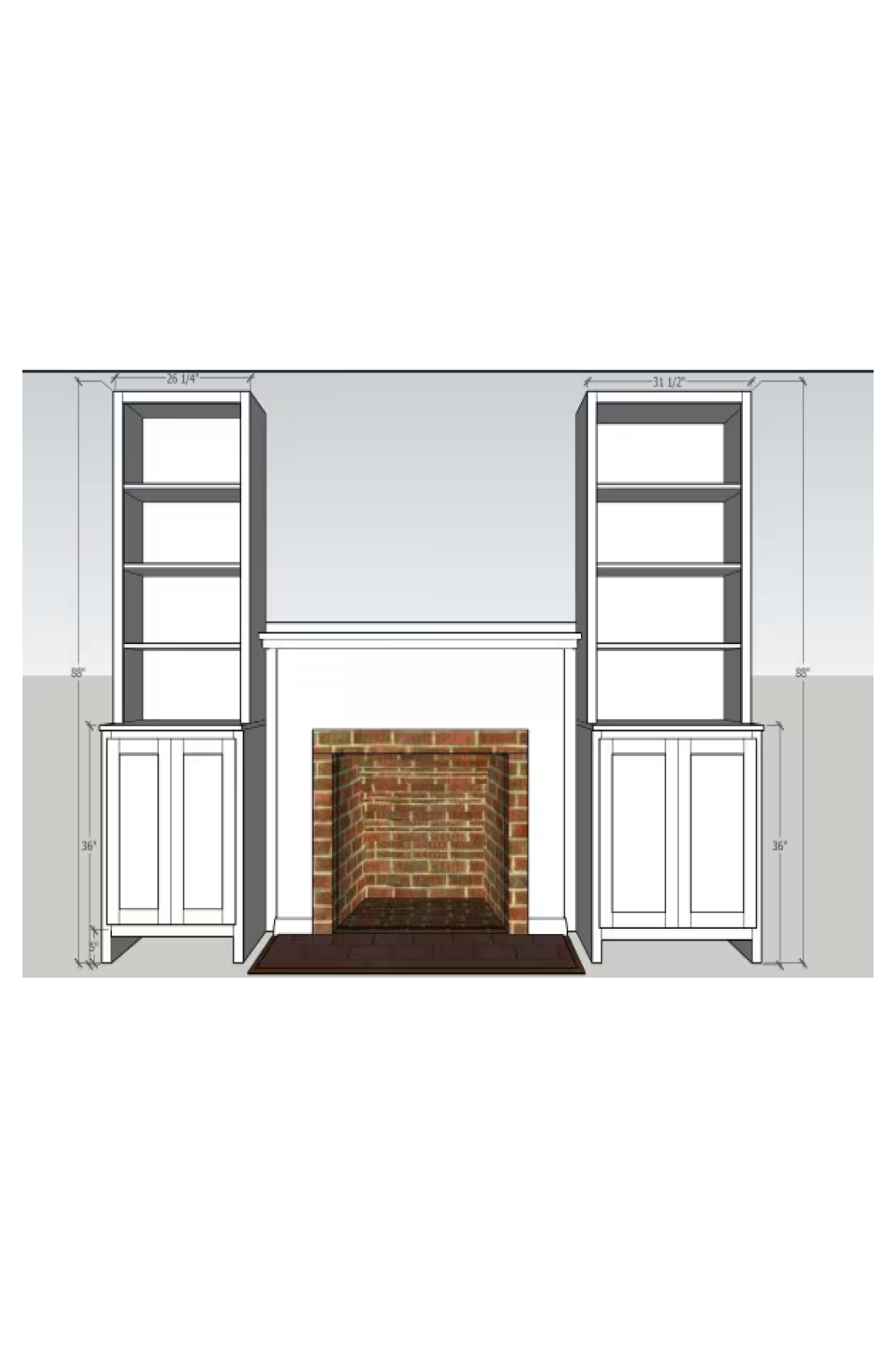CAD of two stepback bookcase hutches on either side of the fireplace.
