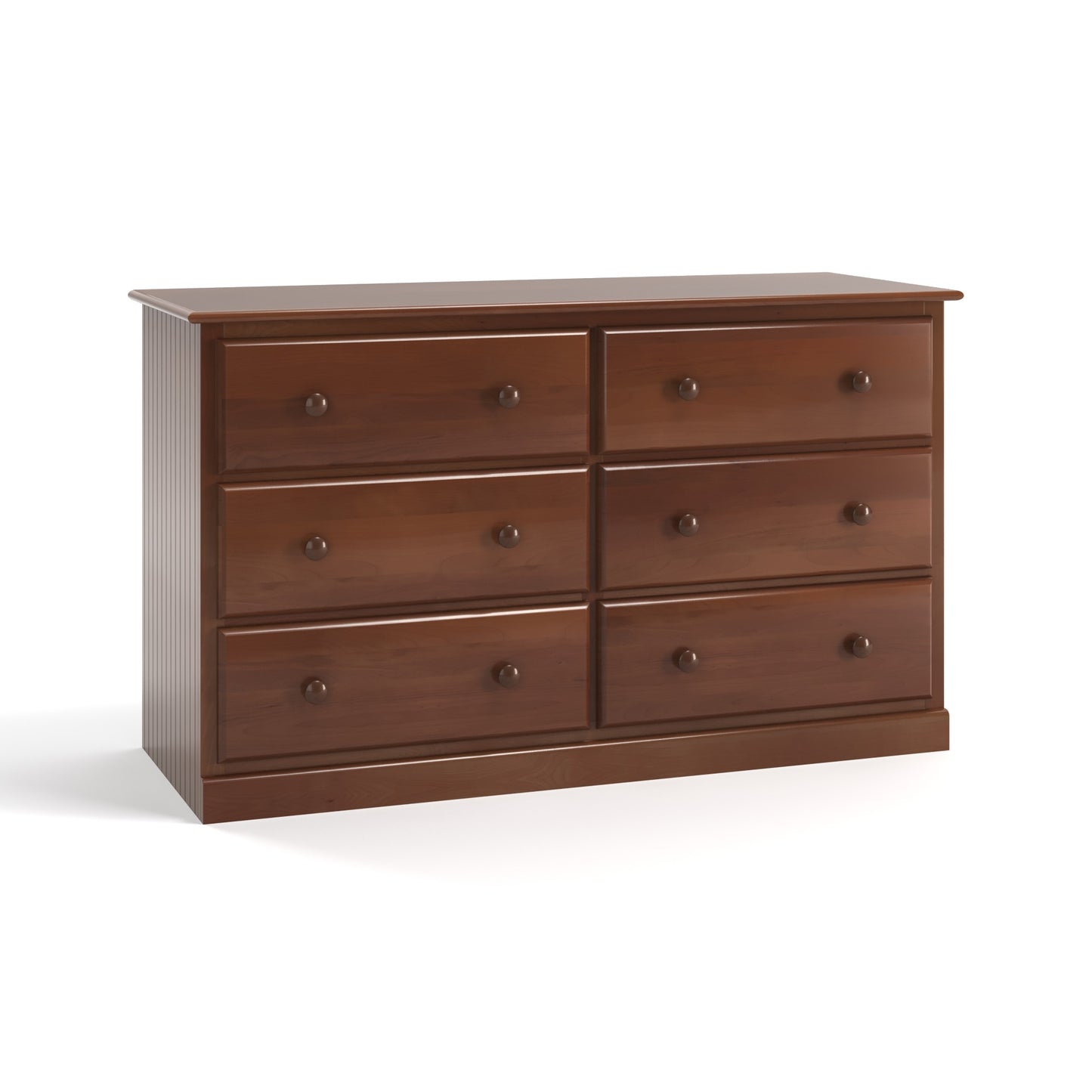 A six drawer dresser unit with bead board sides. Pictured in walnut finish.