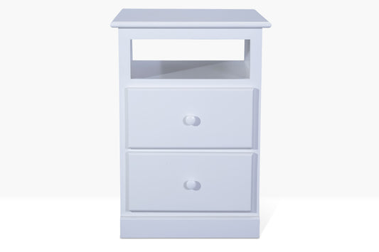 A birch nightstand with two drawers with full extension glides and a single cubby space. It has bead board sides, and is shown in white.