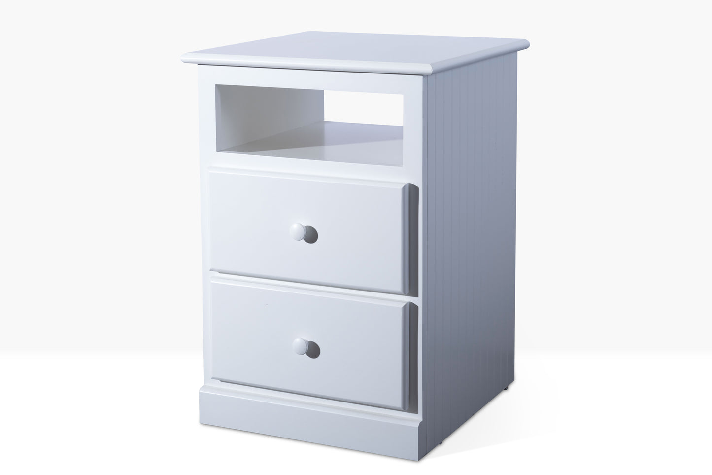 A birch nightstand with two drawers with full extension glides and a single cubby space. It has bead board sides, and is shown in white. Pictured from front angle.