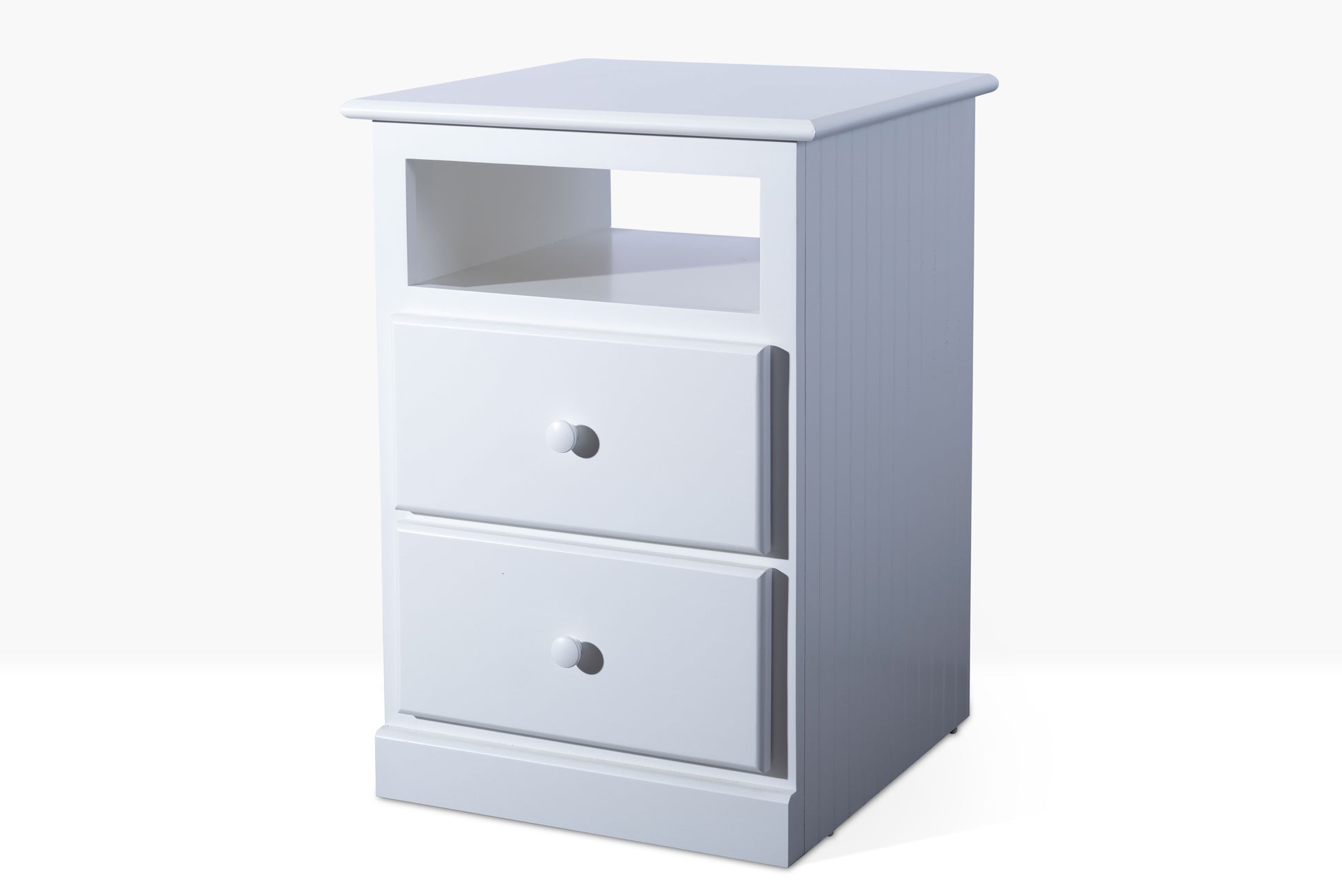 A birch nightstand with two drawers with full extension glides and a single cubby space. It has bead board sides, and is shown in white. Pictured from front angle.