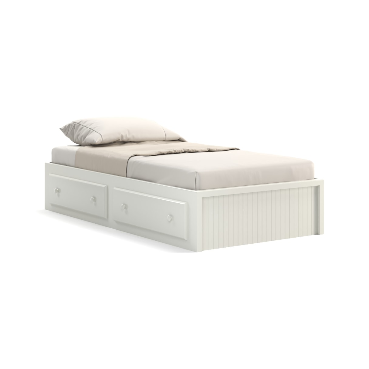 Acadia Cottage Storage Bed with two drawers on one side. Pictured in white with a bead board end.