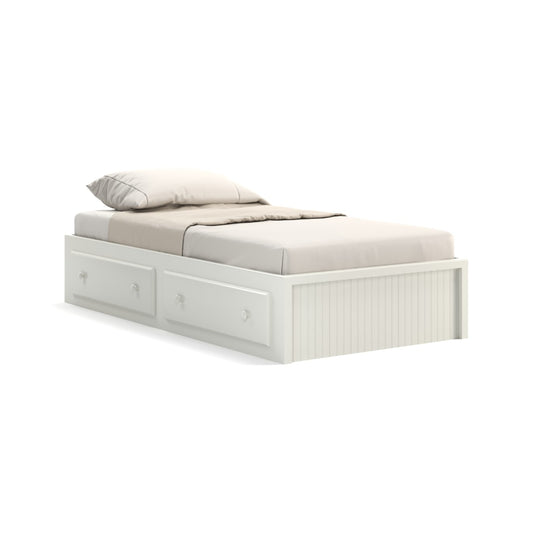 Acadia Cottage Storage Bed with two drawers on one side. Pictured in white with a bead board end. 