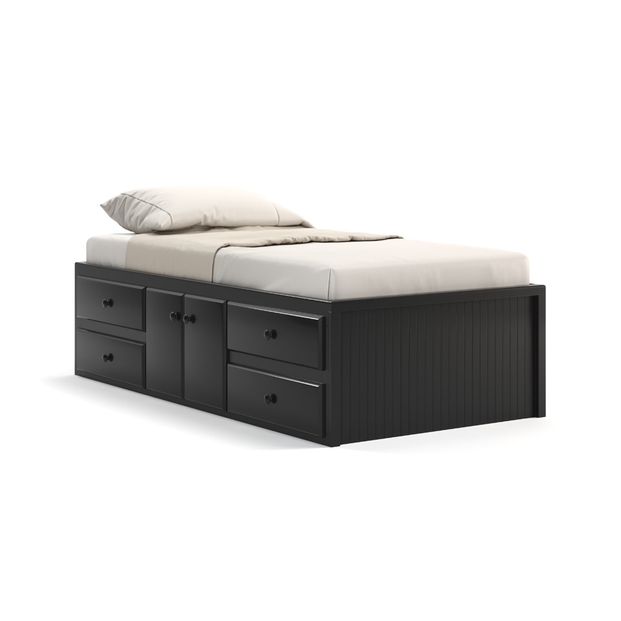 Acadia Cottage Storage Bed with four drawers and two doors on one side. Pictured with bead board ends and in black finish.