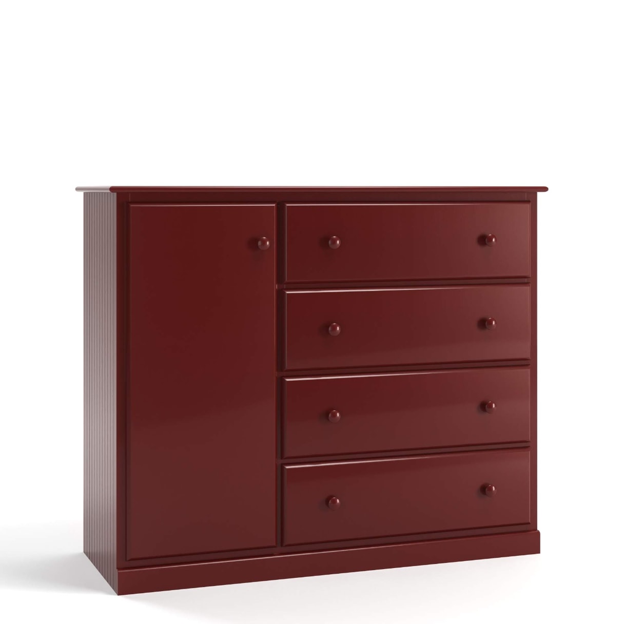 Acadia Cottage Wardrobe with four drawers and two adjustable shelves. It has bead board sides and two adjustable shelves. Pictured in heritage red.