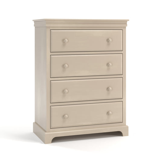 Acadia Madison Chest is built in birch and features crown moulding and four drawers. Pictured in Sandstone finish.