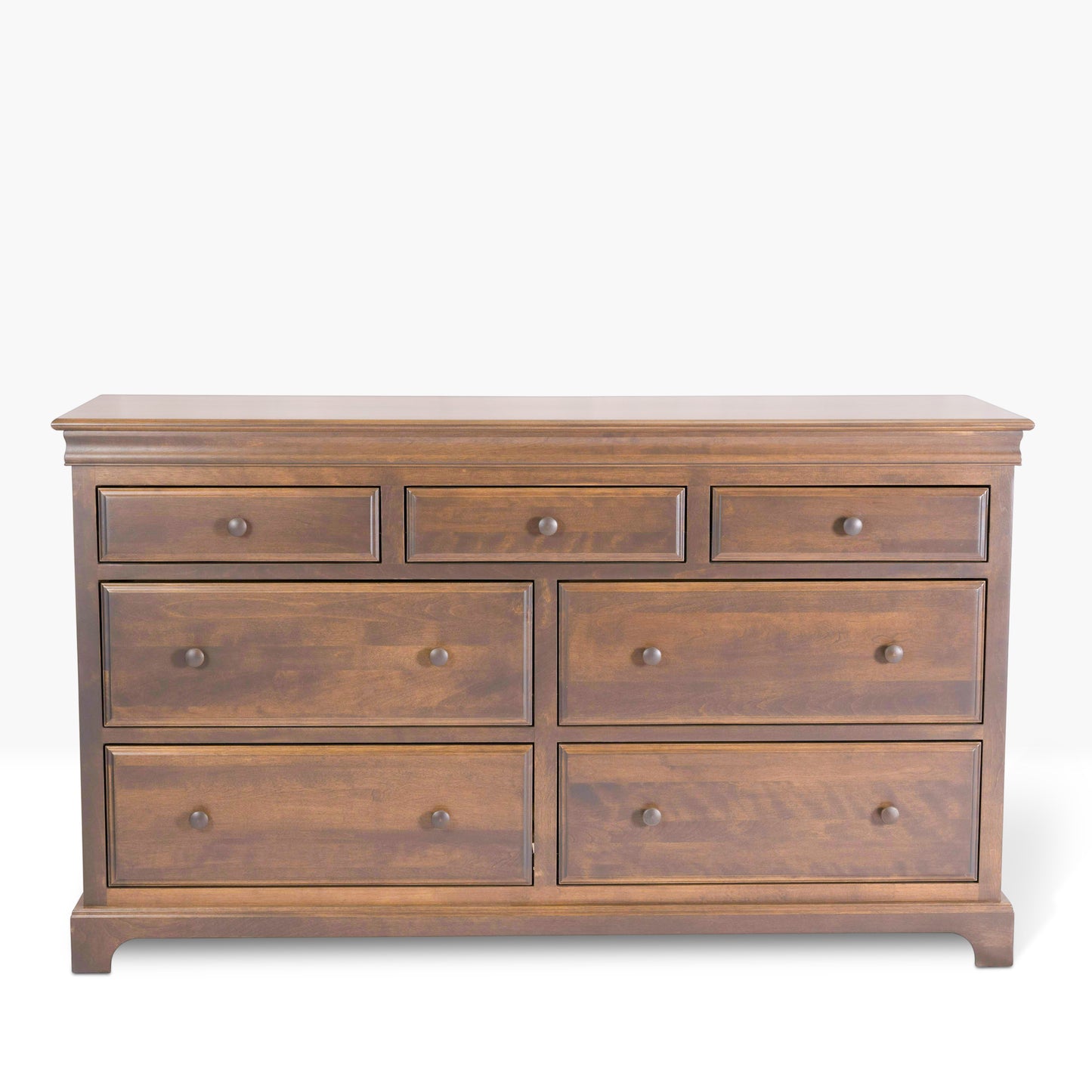 Acadia Madison Seven Drawer Dresser, built in birch with three small drawers and four large drawers. Pictured in Driftwood finish.