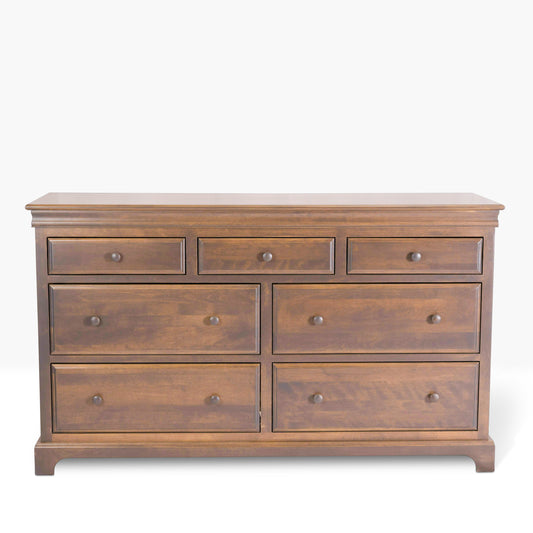 Acadia Madison Seven Drawer Dresser, built in birch with three small drawers and four large drawers. Pictured in Driftwood finish.