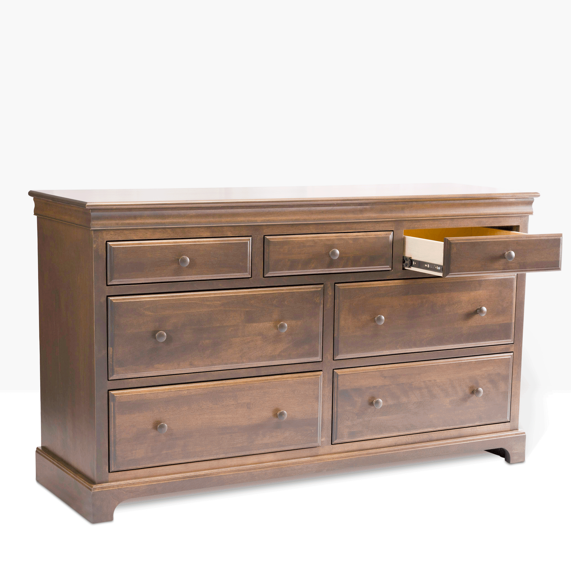 Acadia Madison Seven Drawer Dresser, built in birch with three small drawers and four large drawers. Shown with drawers open to highlight storage space. Pictured in Driftwood finish.