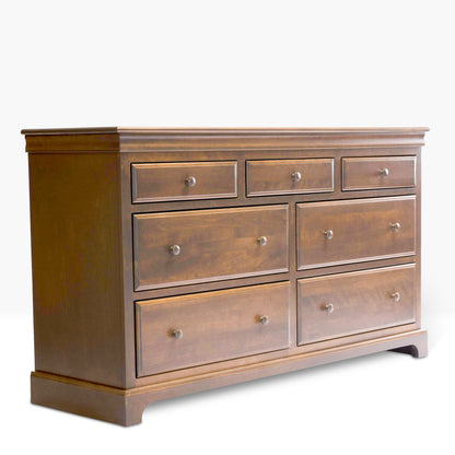 Acadia Madison Seven Drawer Dresser, built in birch with crown moulding. Pictured in Driftwood finish.