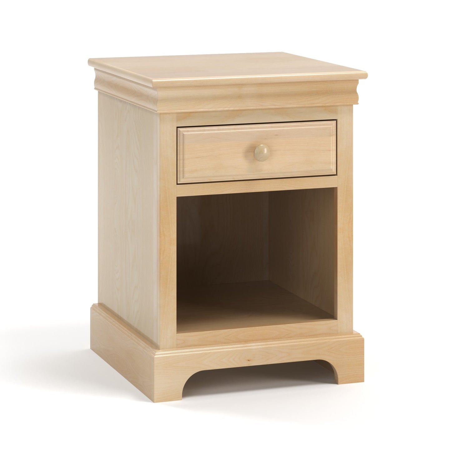 Acadia Madison One Drawer Nightstand with one full extension drawer and a cubby space underneath. Features crown molding and pictured in natural finish.