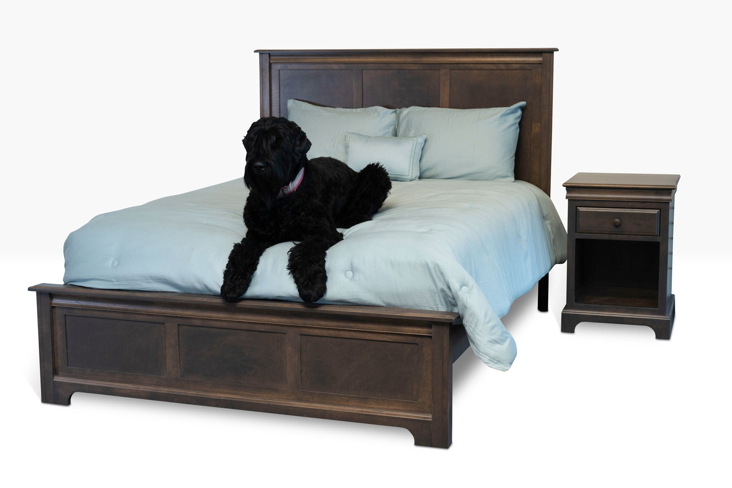 Acadia Madison Platform Bed, Shown in queen size with a nightstand in Driftwood finish.