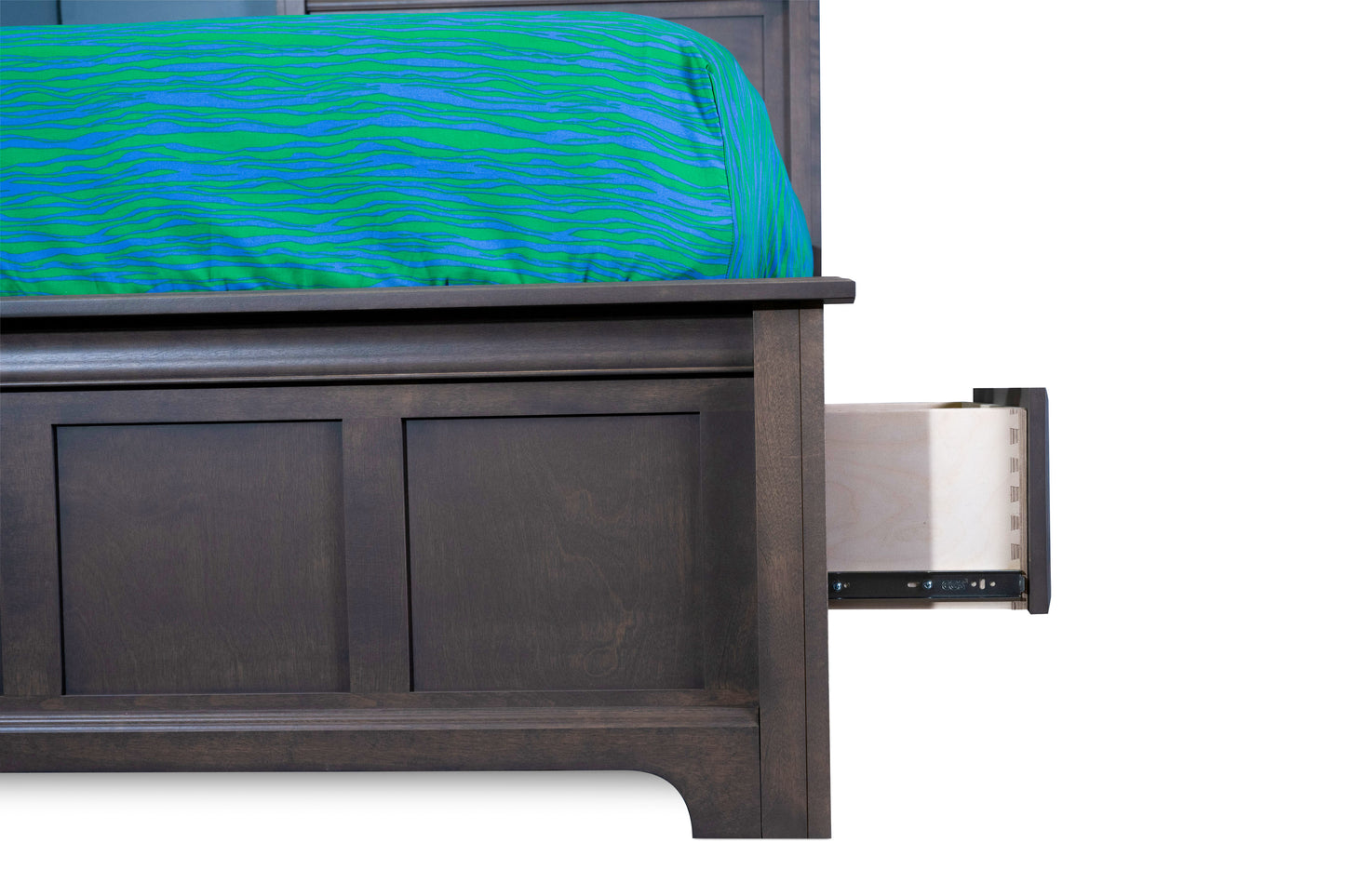 Acadia Madison Storage Bed pictured in Driftwood finish, with drawer open.