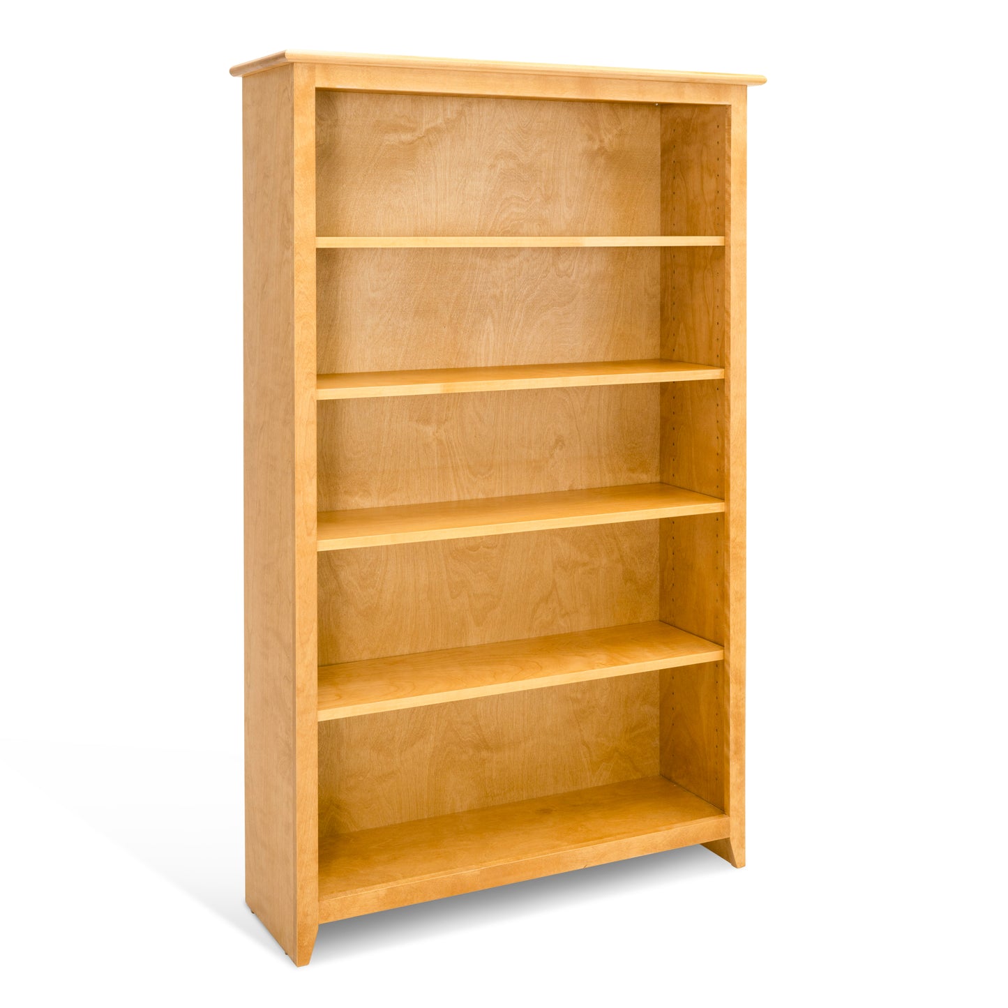 Acadia Shaker Bookcase built with birch featuring adjustable shelves from a side angle to highlight details. Shown in Autumn Gold finish.
