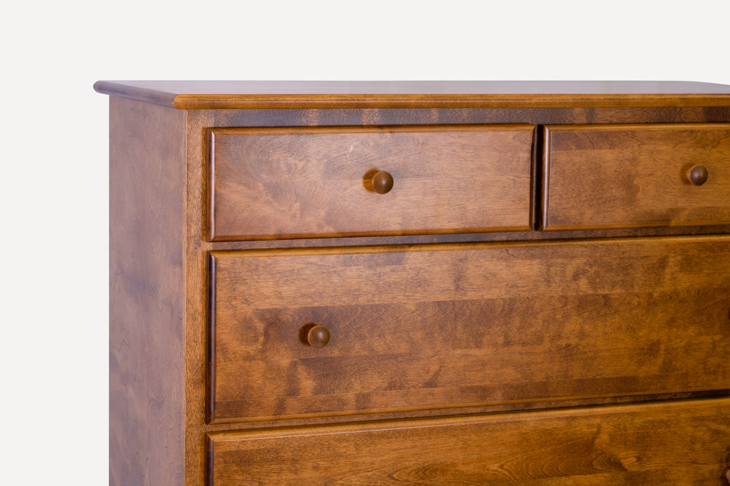 Acadia Shaker Chest with Split Top Drawer with four large drawers and two small drawers. Pictured in Walnut finish, close up to show details of small drawers. 