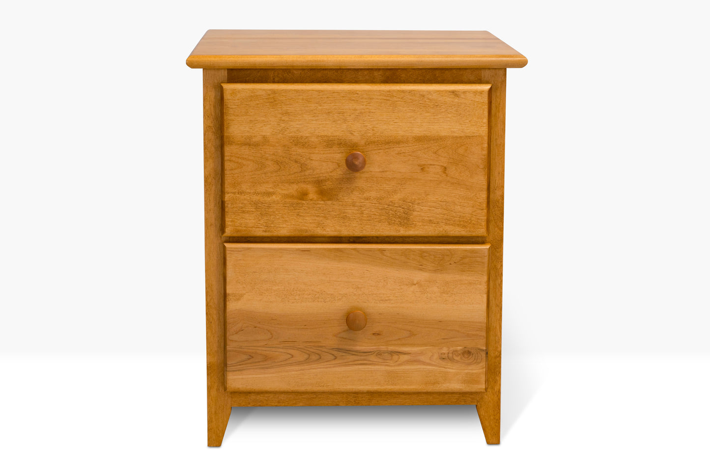 Acadia Shaker Two Drawer Nightstand is built from birch and features two full extension drawers. Pictured in Autumn Gold finish.