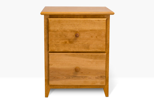 Acadia Shaker Two Drawer Nightstand is built from birch and features two full extension drawers. Pictured in Autumn Gold finish.