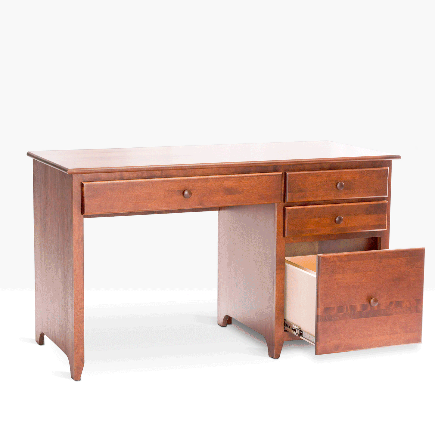 Acadia Shaker Student Desk with File Drawer shown with all drawers open to highlight storage space. Pictured in Cherry finish.