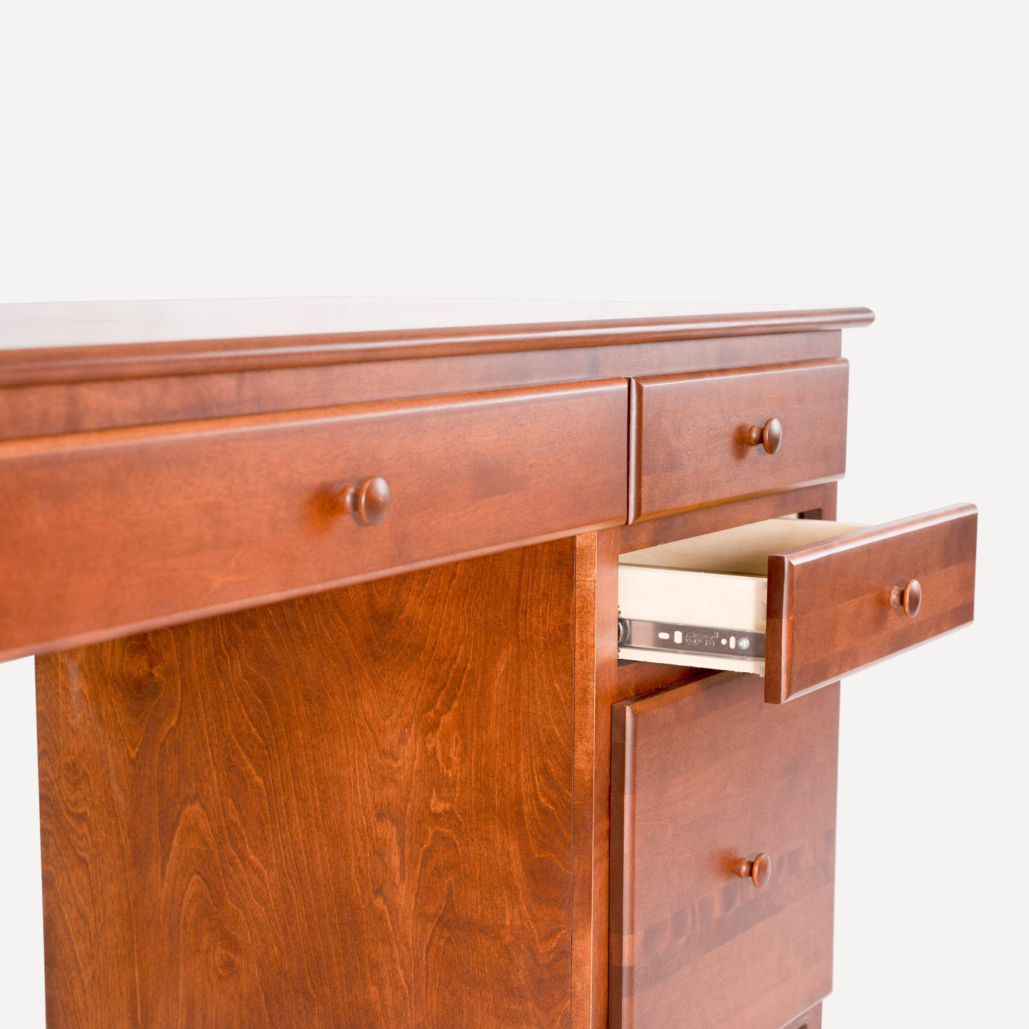 Acadia Shaker Student Desk with File Drawer shown with standard drawer open to highlight drawer extensions.