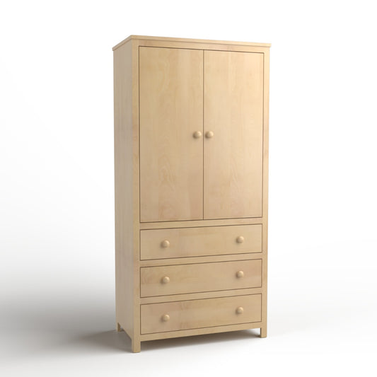 Acadia Tremont Armoire features three drawers and either a hanging bar or shelving. Shown in natural finish.