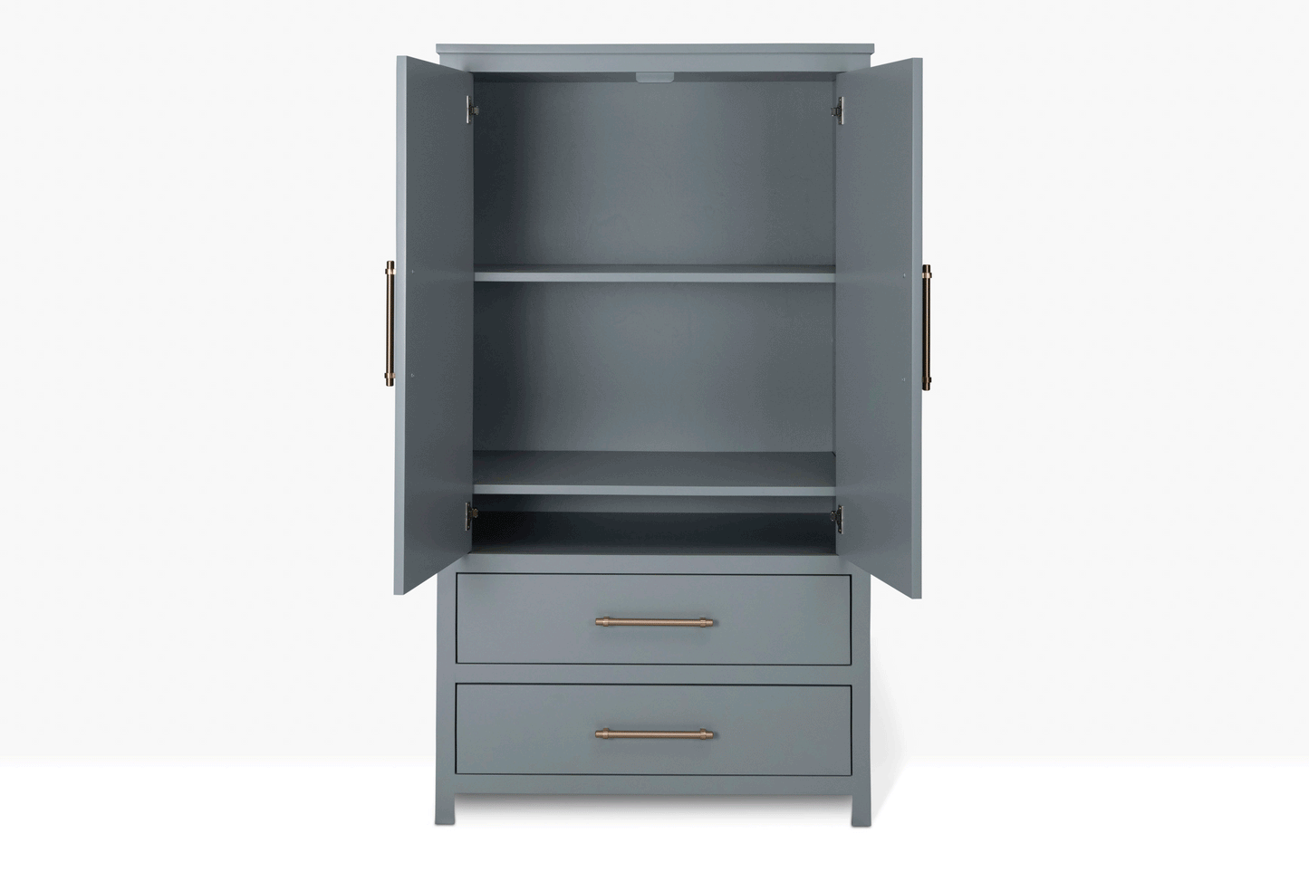 Acadia Tremont Armoire with Two Drawers shown with Drawers and shelving open to highlight storage space.