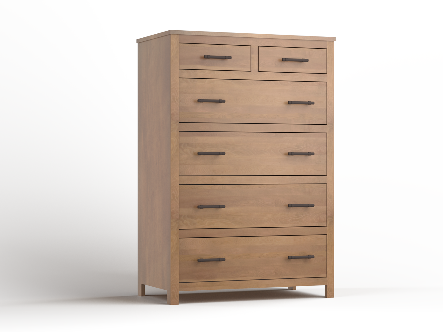 Acadia Tremont Chest with Split Top Drawer is built in birch with a sandstone finish. Features four standard drawers and two small drawers on the top row.