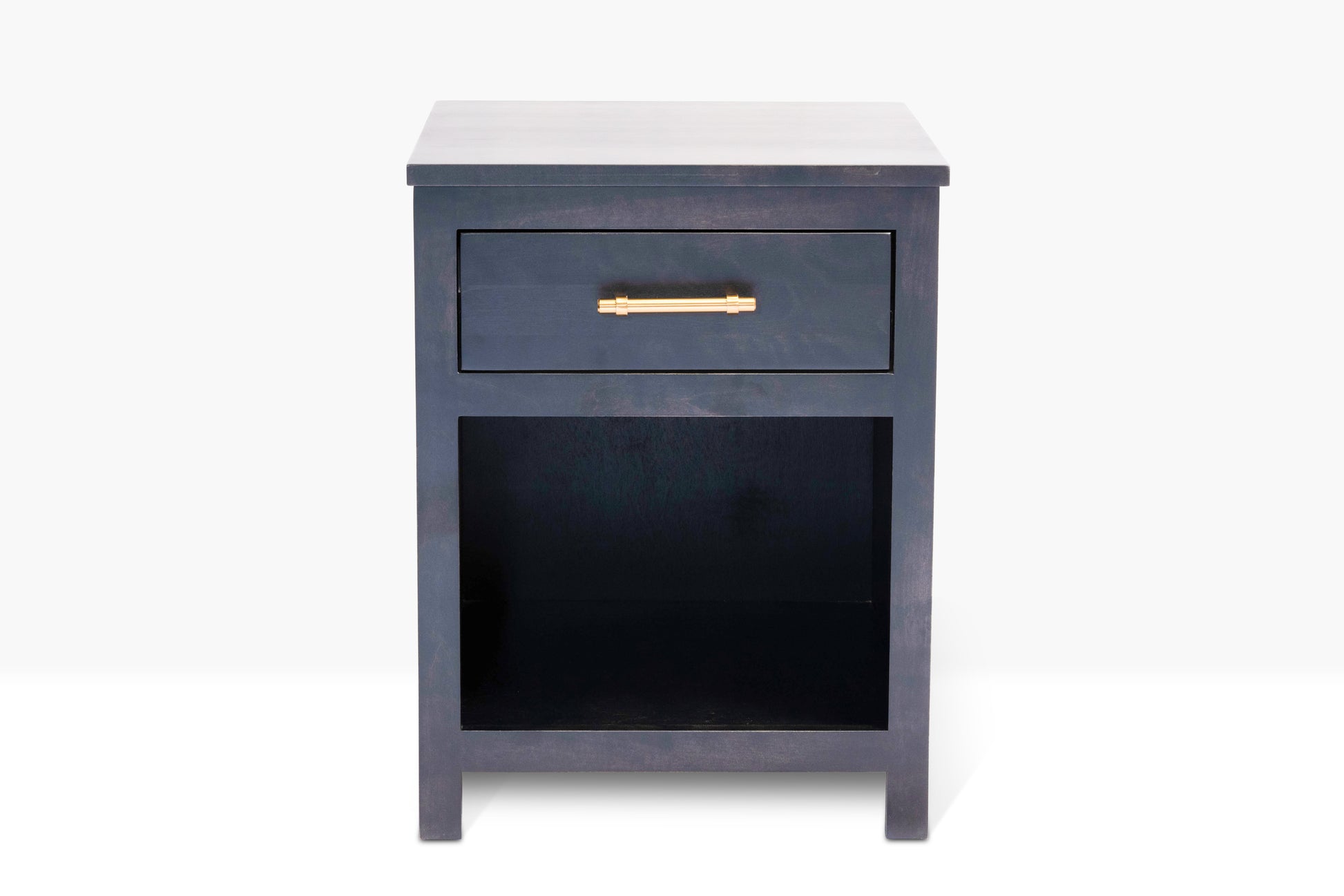 Acadia Tremont One Drawer Nightstand, shown from the front angle to show detail. Pictured in Nitefall finish.
