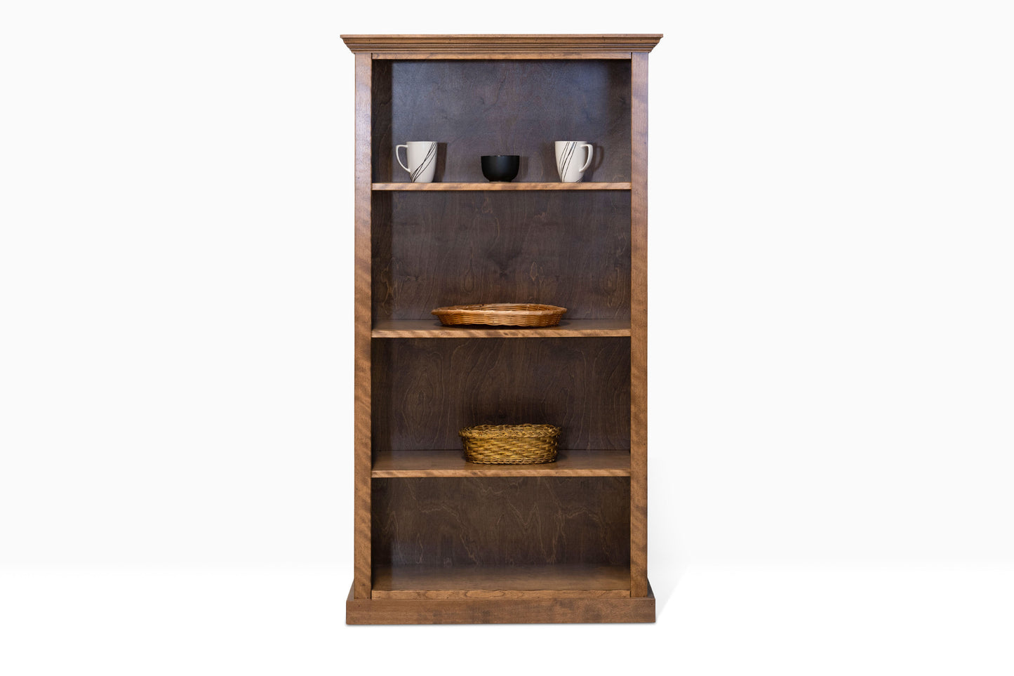 Berkshire Dover Bookcase is built from birch hardwood and features adjustable shelving. Shown in Toffee finish.