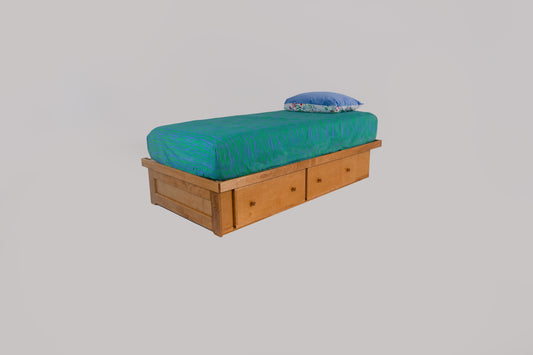 Berkshire Low Storage Bed with Two Drawers features two large drawers and birch construction. Shown in Golden Oak finish.