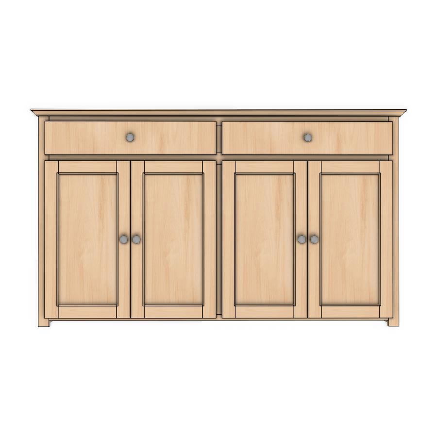 Berkshire Plymouth Buffet features two drawers and four doors with adjustable shelving. Shown unfinished. 