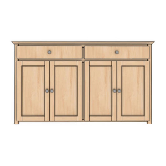 Berkshire Plymouth Buffet features two drawers and four doors with adjustable shelving. Shown unfinished.