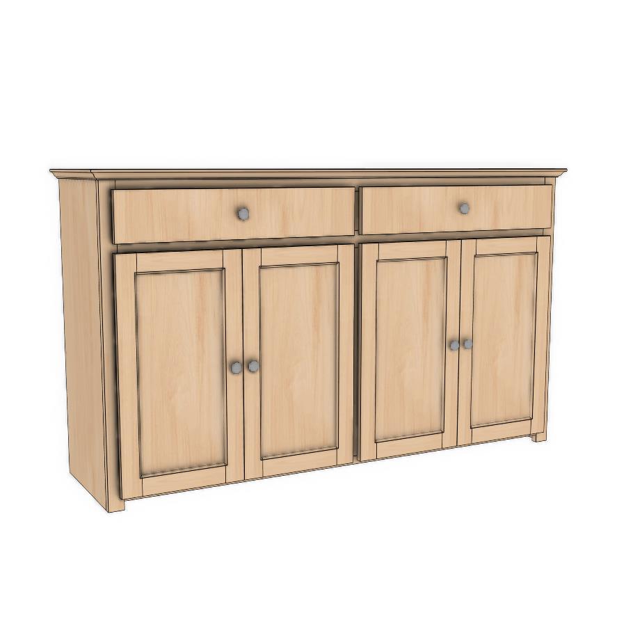 Berkshire Plymouth Buffet shown from side angle. Built from birch with two drawers and adjustable shelving in the cabinets.