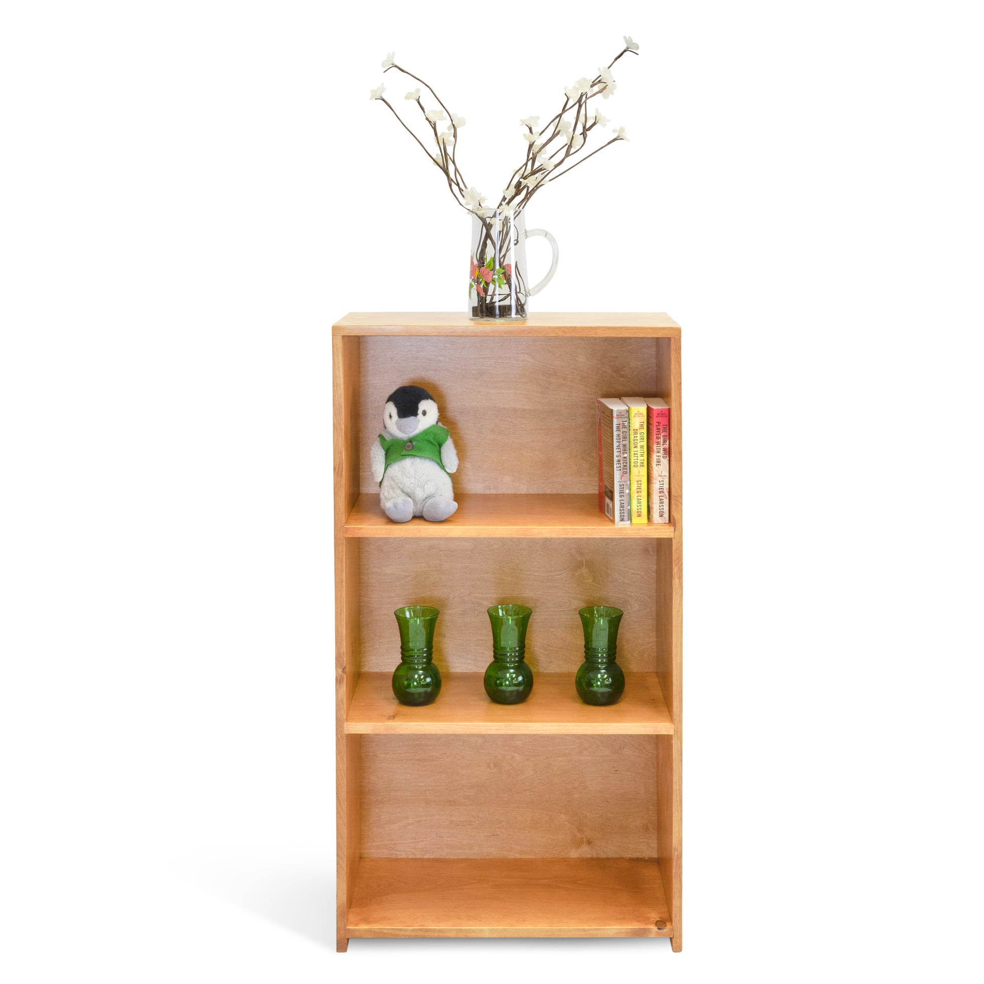 Evergreen bookcase with 11-1/4" depth in constructed from pine, shown in Golden Oak finish.