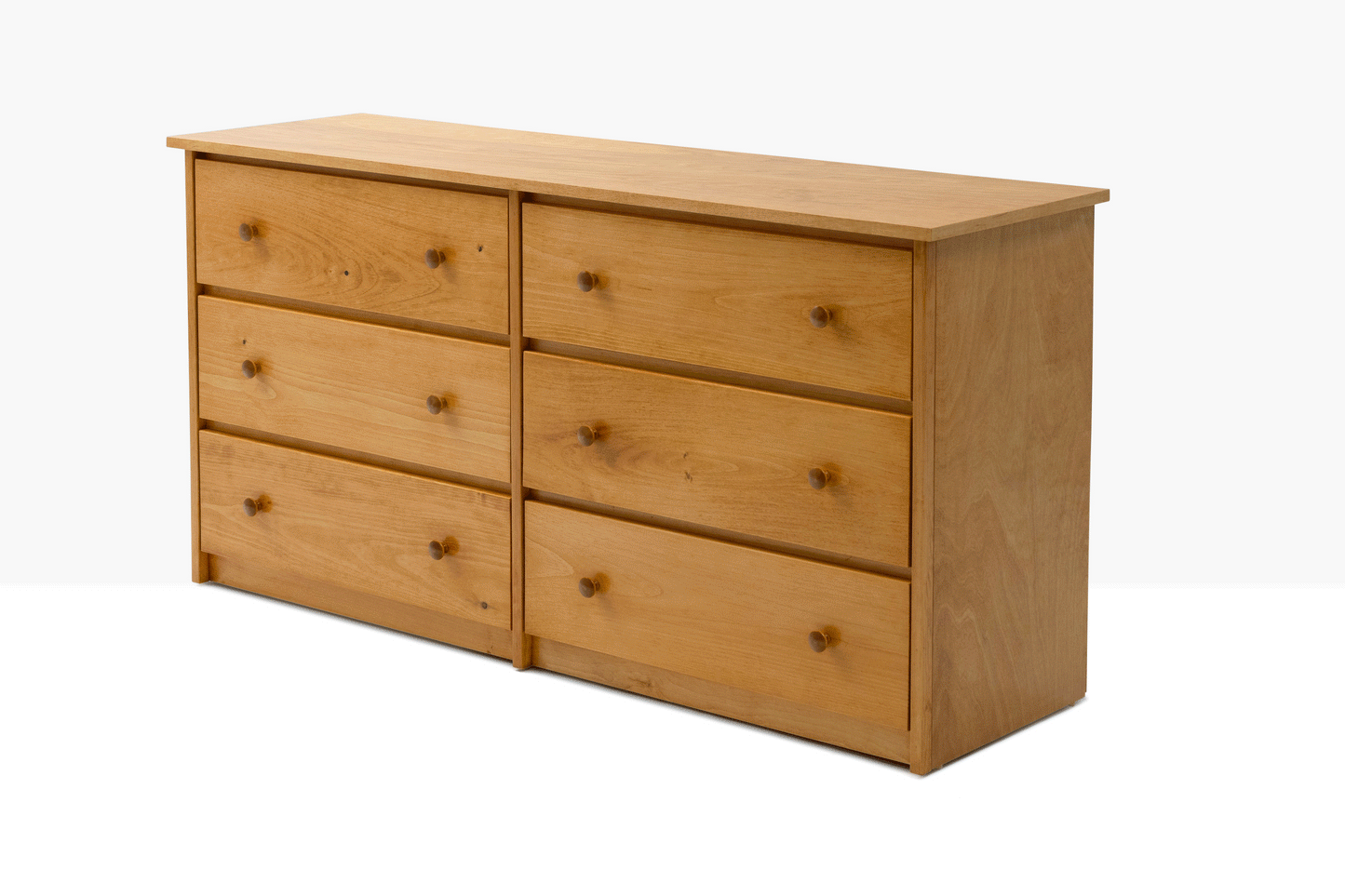Evergreen Dresser in Meadow Oak finish, shown with drawers open to show storage space. Constructed from pine and birch.