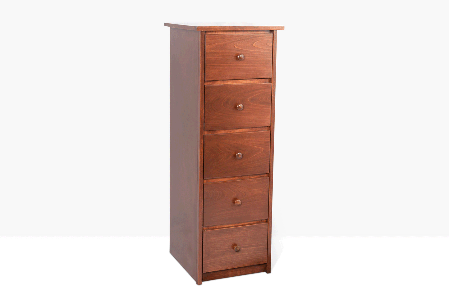 Evergreen Lingerie Chest is built from Pine and birch and features five drawers, shown open to show storage capacity. Pictured in Traditional Cherry finish.