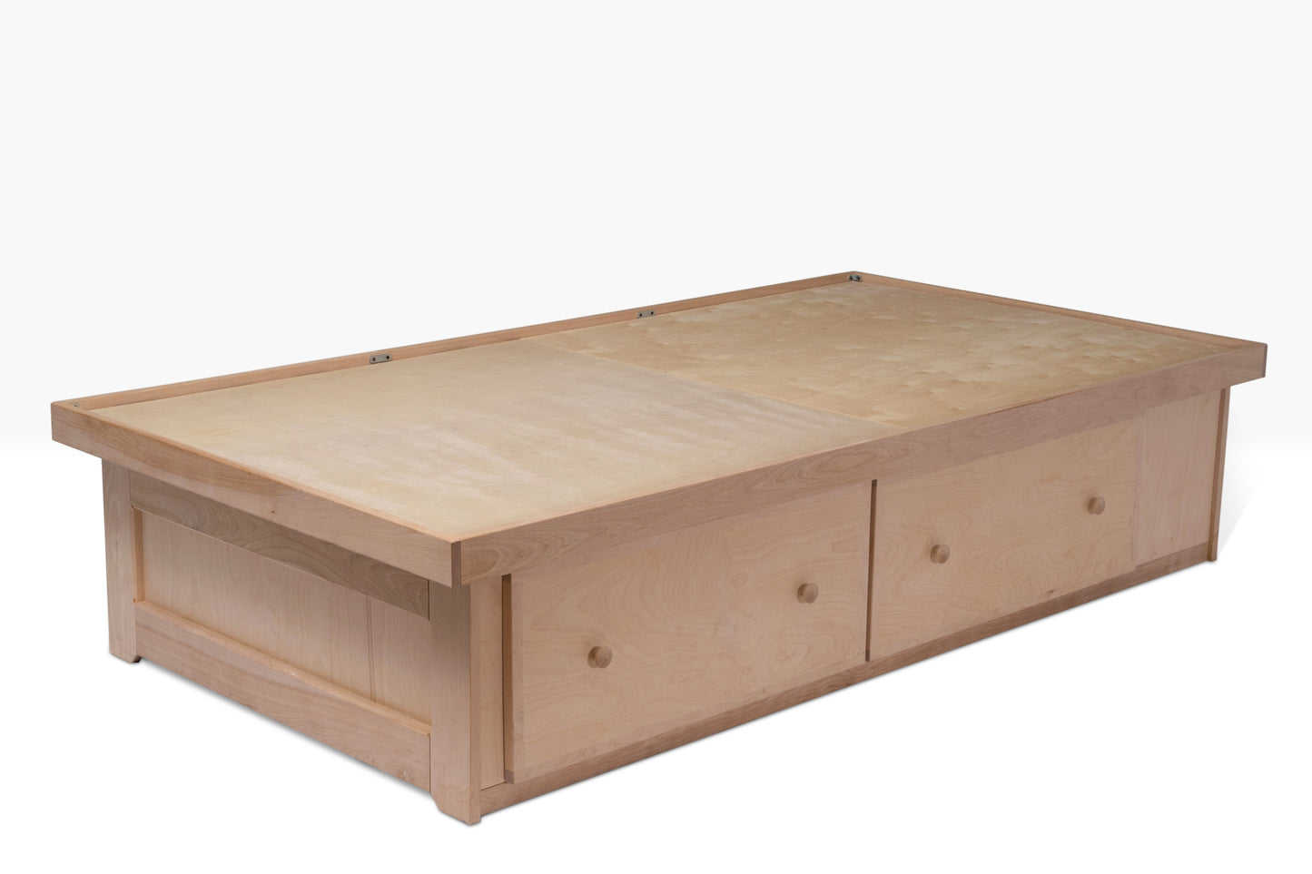 Berkshire Low Storage Bed shown in unfinished birch with two drawers.