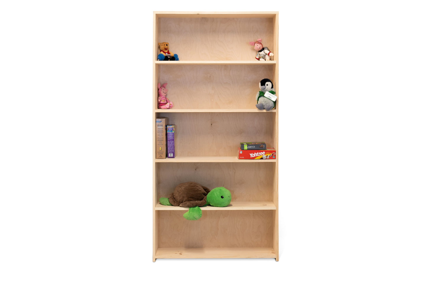 Evergreen Bookcase Shown unfinished and with items on the shelves.