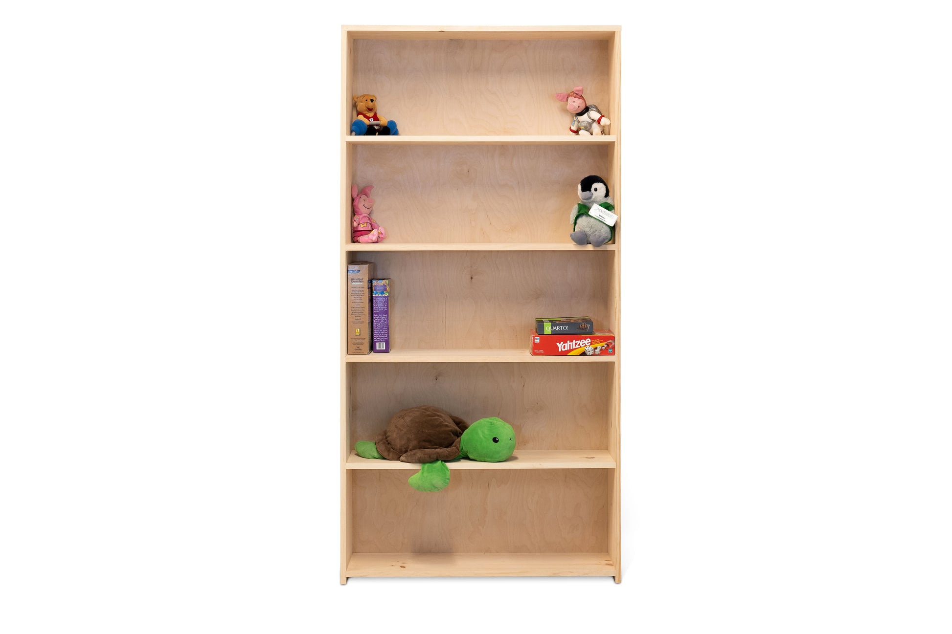 Evergreen Bookcase Shown unfinished and with items on the shelves.