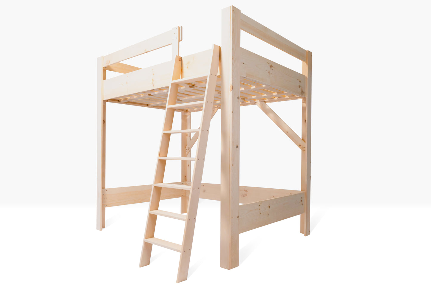 Evergreen Loft bed shown in full size from angle to show details of construction. Made from unfinished white pine.