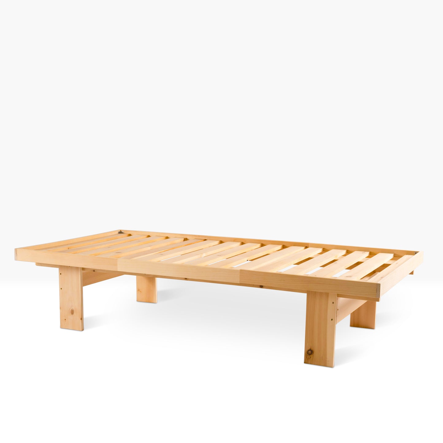 Evergreen Slat Bed is shown in unfinished pine in a twin size.