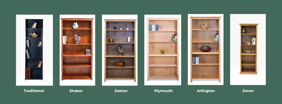 Announcement of sale for six bookcases built in birch in different styles and with different stain finishes.
