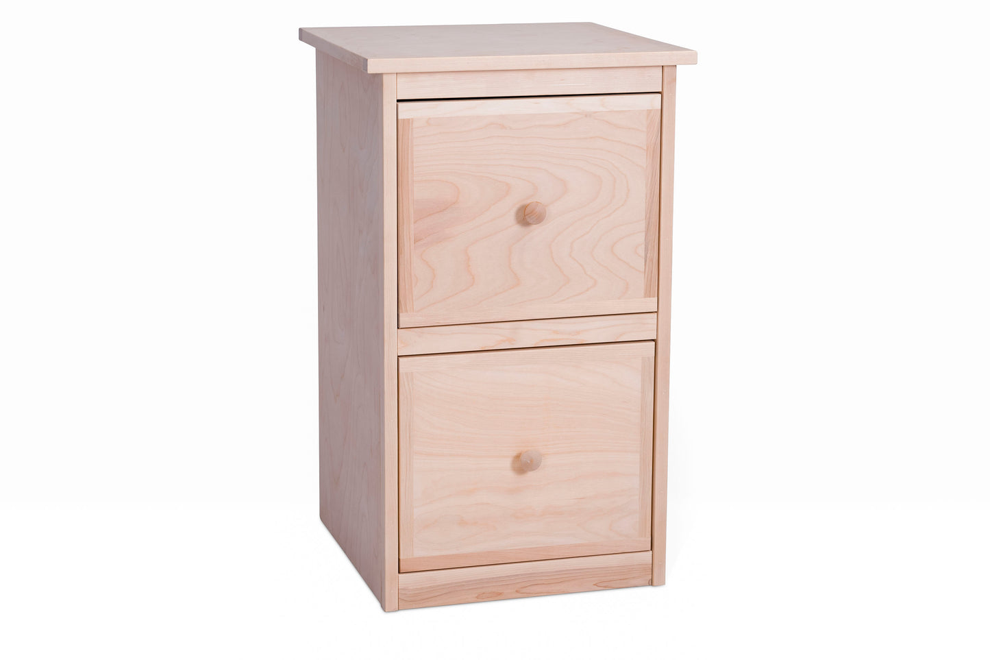 Angled view of an unfinished two drawer file cabinet with wood knobs.