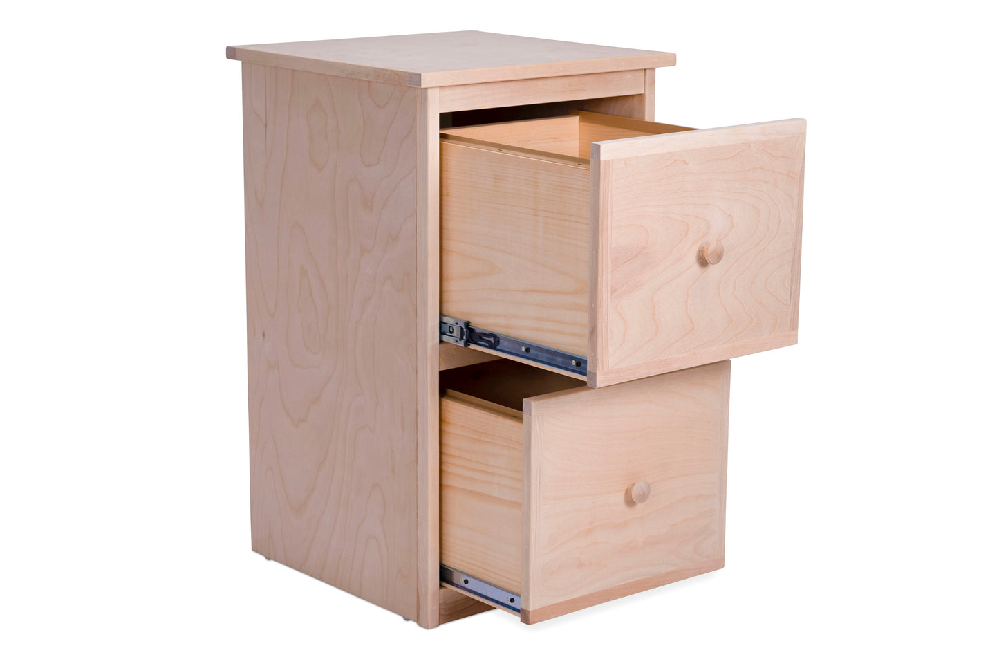 Angled view of an unfinished two drawer file cabinet with the drawers pulled out.