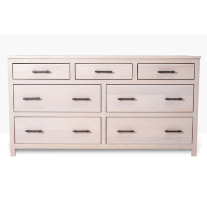 Acadia Tremont Seven Drawer Dresser features four large drawers and three small drawers on the top row. Pictured in Sandstone Finish.