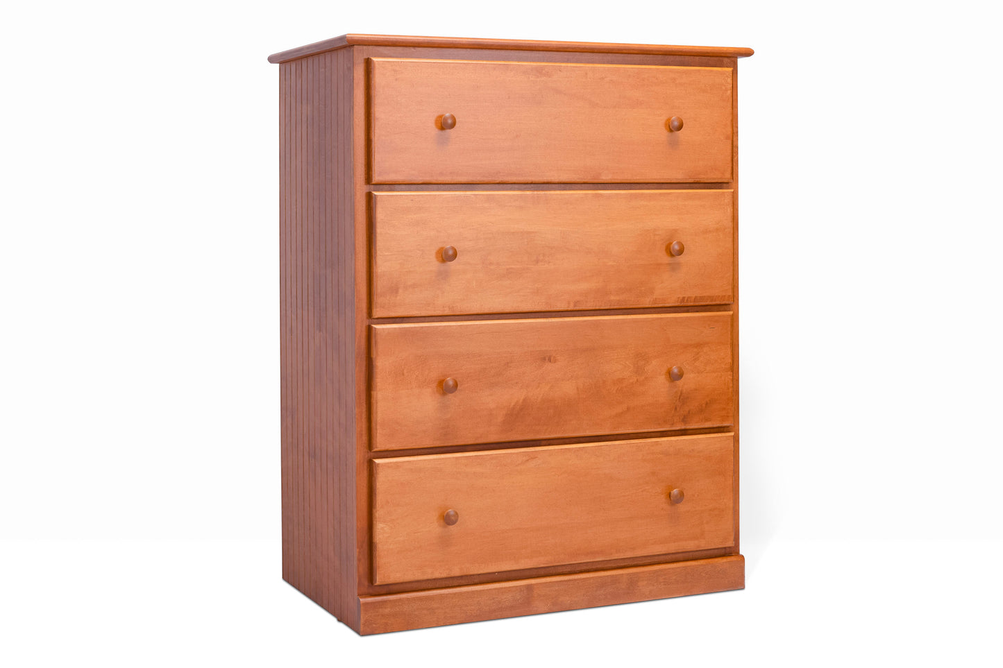 Acadia Cottage Chest: 4 drawers, rustic charm, nutmeg finish. Pictured from the front angle with bead board sides.