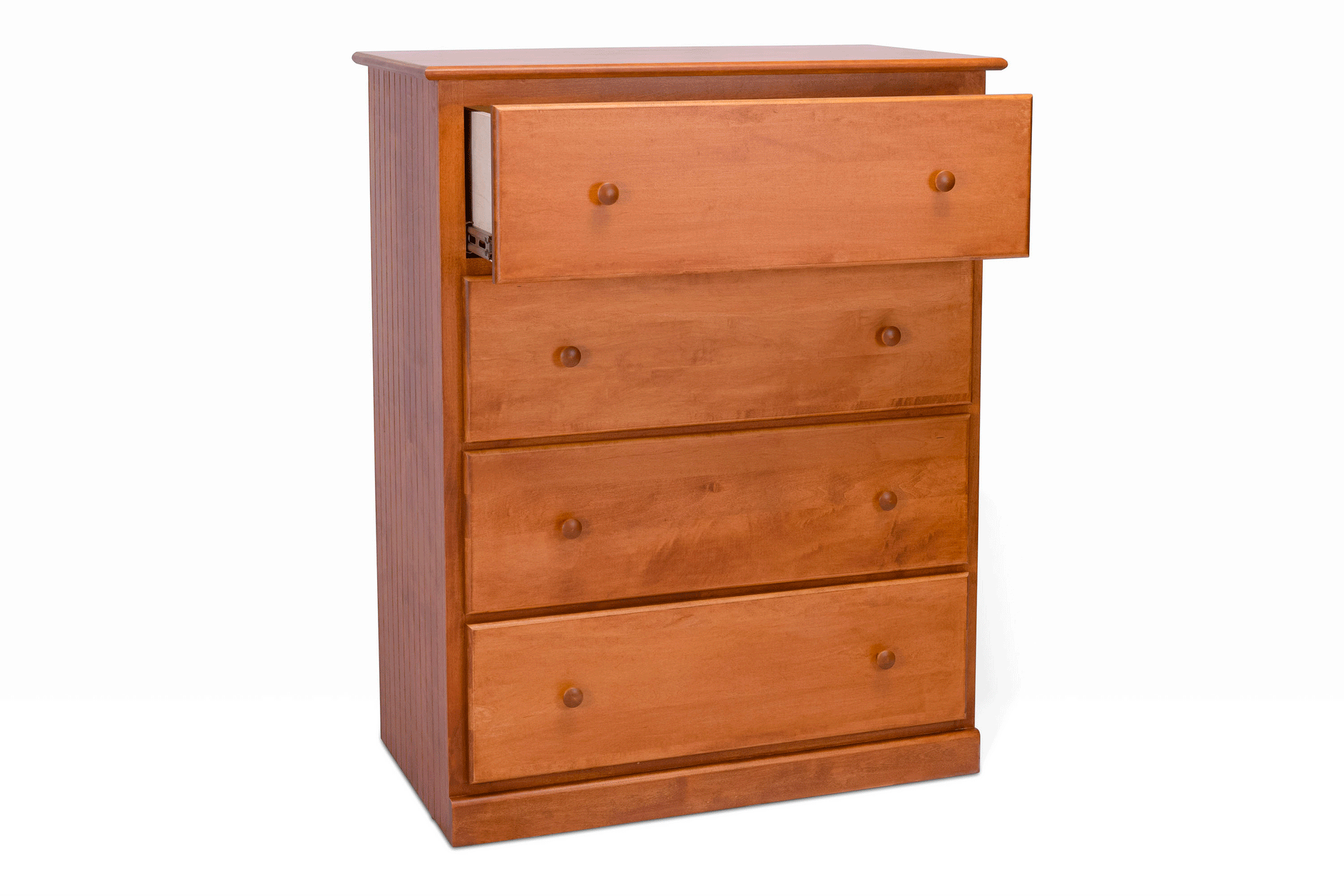 Acadia Cottage Chest: 4 drawers, rustic charm, nutmeg finish. Pictured with drawers open and bead board sides.